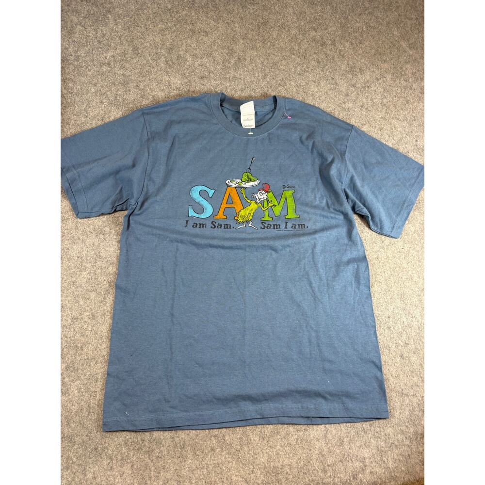 Vintage 90s Dr Seuss Green Eggs & Ham Sam I Am T Shirt Mens Large Blue Cotton